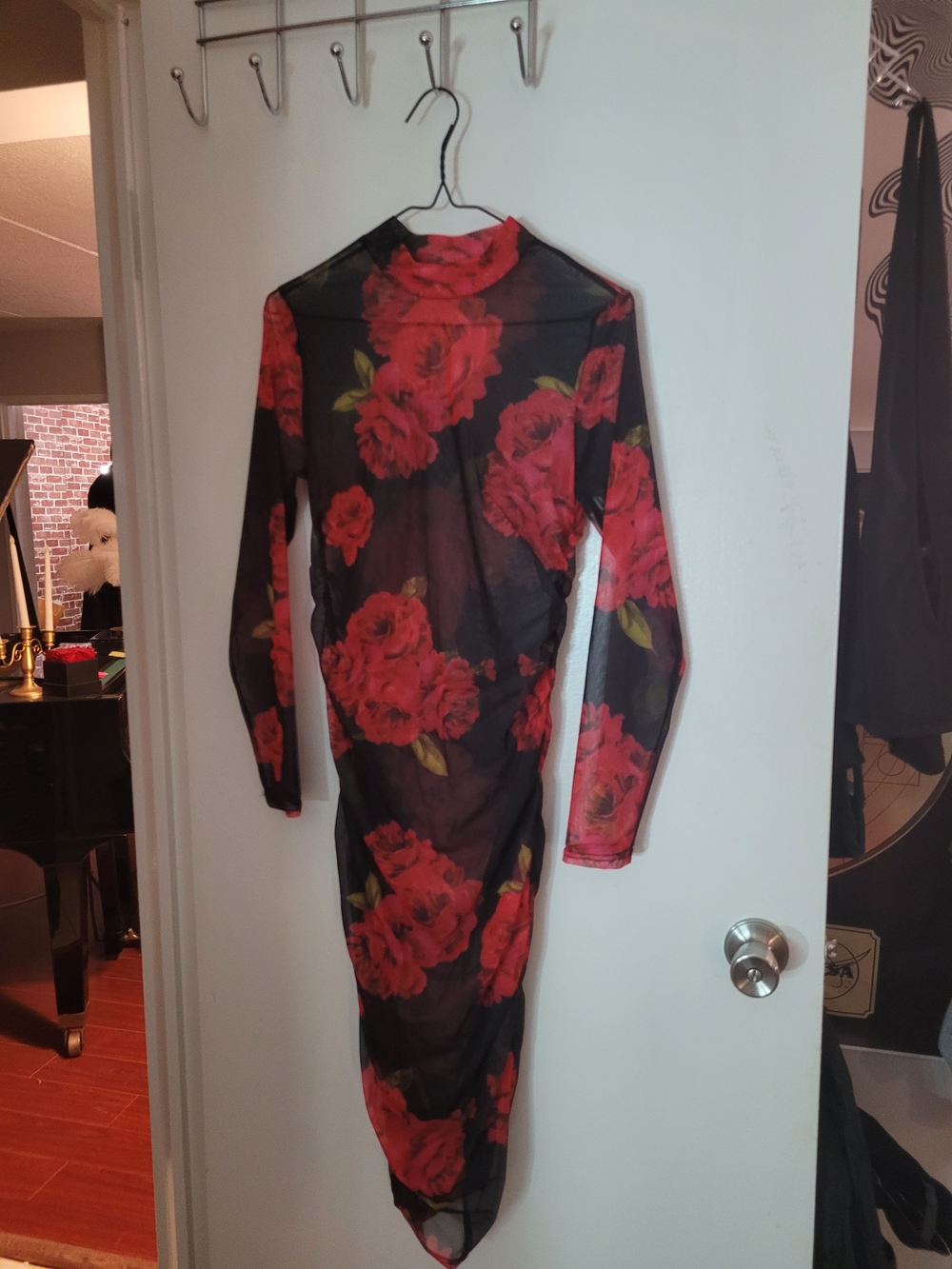 See Through Sheer Black Floral Bodycon Dress with Red Roses Elegant